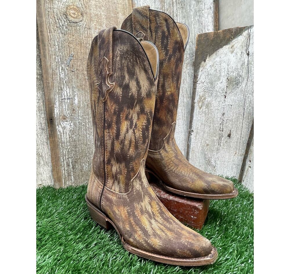 CoFi Leathers Cowboy Boots Snip Toe Pheasant Print Brushed Leather Women's 6.5